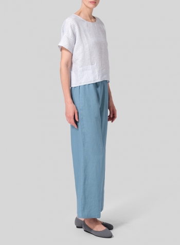 Powder Blue Weave Linen Sloped Shoulder Boxy Short Top