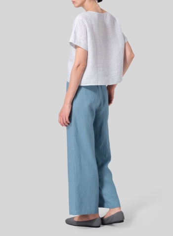 Powder Blue Weave Linen Sloped Shoulder Boxy Short Top