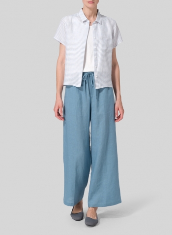 Powder Blue Weave Linen Short Sleeve Mini-point Collar Shirt Set