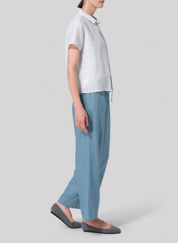Powder Blue Weave Linen Short Sleeve Mini-point Collar Shirt Set