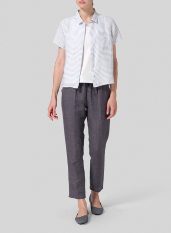 Powder Blue Weave Linen Short Sleeve Mini-point Collar Shirt