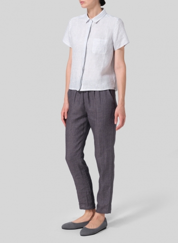 Powder Blue Weave Linen Short Sleeve Mini-point Collar Shirt