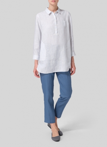 Powder Blue Stripe Linen Straight Cut Half Button-front Shirt