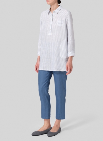 Powder Blue Stripe Linen Straight Cut Half Button-front Shirt