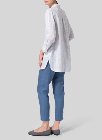 Powder Blue Stripe Linen Straight Cut Half Button-front Shirt