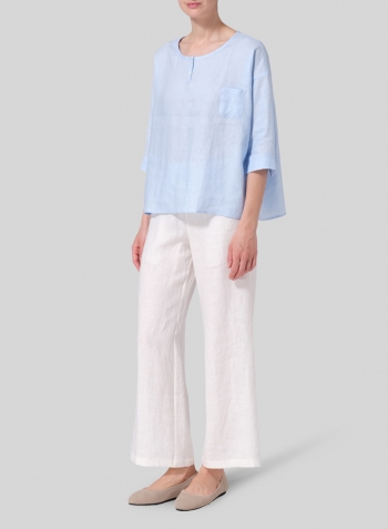 Light Blue Linen Loose Fit Elbow Sleeves Blouse