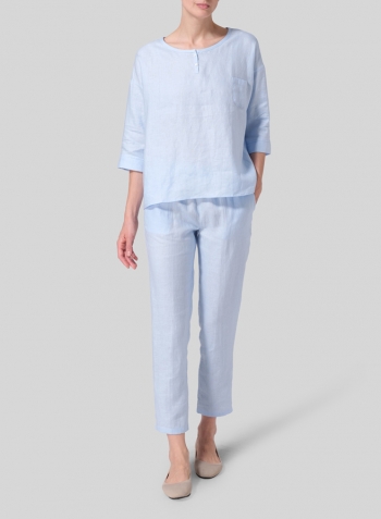 Light Blue Linen Loose Fit Elbow Sleeves Blouse Set