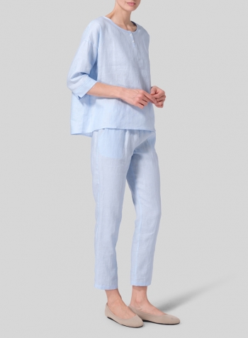 Light Blue Linen Loose Fit Elbow Sleeves Blouse Set