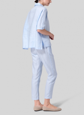 Light Blue Linen Classic Collar Short Sleeves Shirt Set