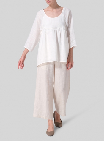 Soft White Linen Regular Deep Round-Neck Blouse