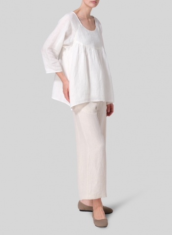 Soft White Linen Regular Deep Round-Neck Blouse