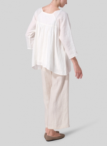 Soft White Linen Regular Deep Round-Neck Blouse