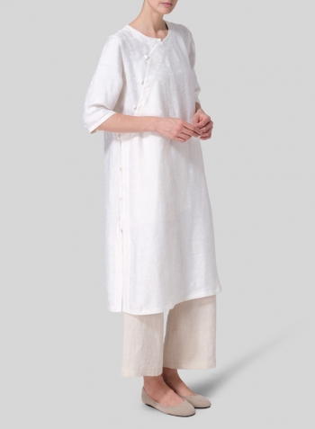 Lily White Jacquard Linen Tunic with Vintage Mandarin Knot