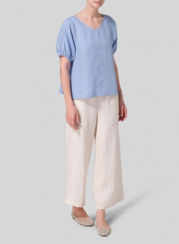 Sky Blue Linen Drawstring Cuffs Short Sleeve Top