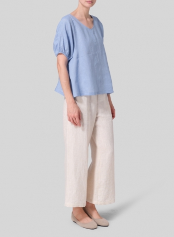 Sky Blue Linen Drawstring Cuffs Short Sleeve Top