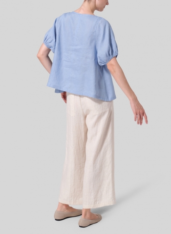 Sky Blue Linen Drawstring Cuffs Short Sleeve Top