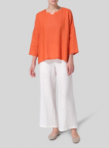 Orange Linen Notch Square Neckline Dropped Shoulder Top