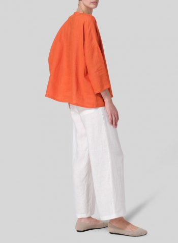 Orange Linen Notch Square Neckline Dropped Shoulder Top