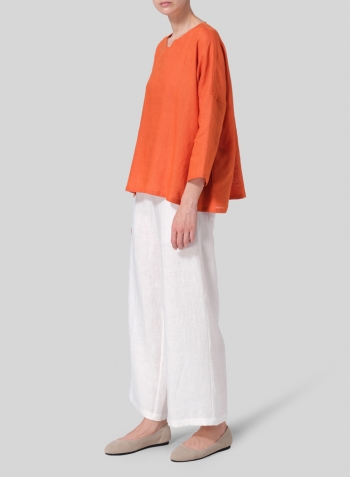 Orange Linen Notch Square Neckline Dropped Shoulder Top