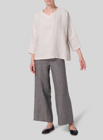 Oat Linen Notch Square Neckline Dropped Shoulder Top