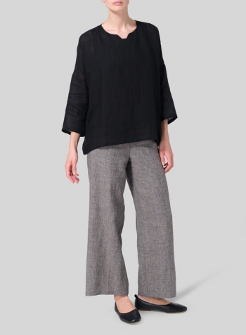 Black Linen Notch Square Neckline Dropped Shoulder Top