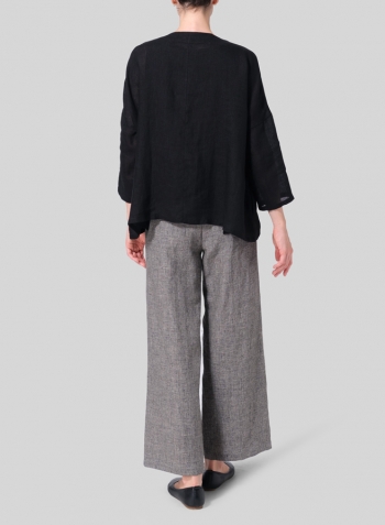 Black Linen Notch Square Neckline Dropped Shoulder Top