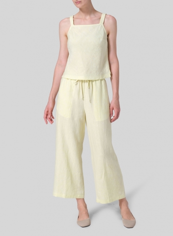 Mist Yellow Linen Bias Cut Sleeveless Short Tank Top