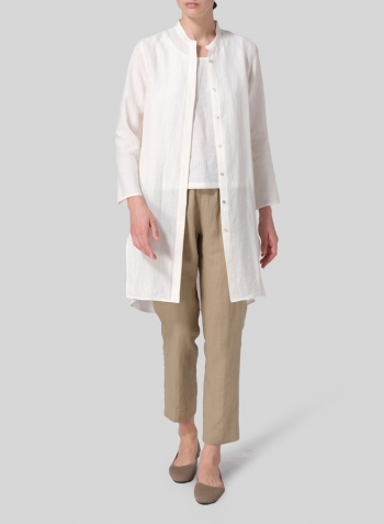 Cream White Linen Shirt Dress with Mandarin Collar