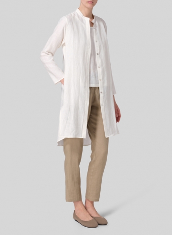 Cream White Linen Shirt Dress with Mandarin Collar