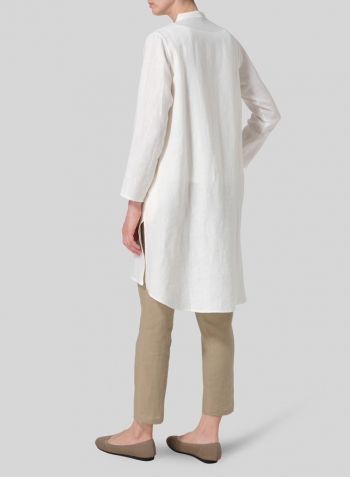 Cream White Linen Shirt Dress with Mandarin Collar