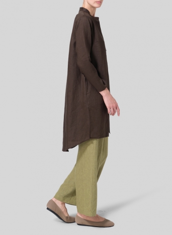 Olive Brown Linen Shirt Dress with Mandarin Collar