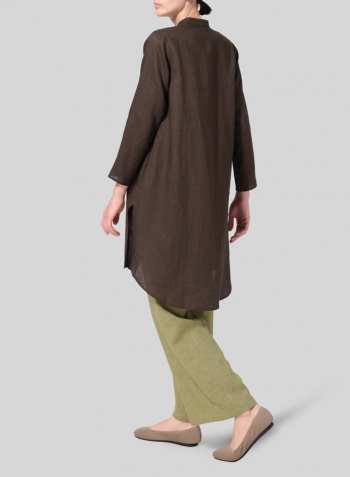 Olive Brown Linen Shirt Dress with Mandarin Collar