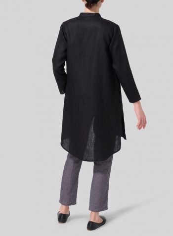 Black Linen Shirt Dress with Mandarin Collar