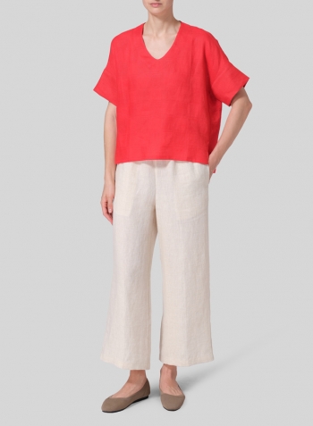 Jacquard Red Linen Sloped Shoulder Wide Boxy V-neck Top