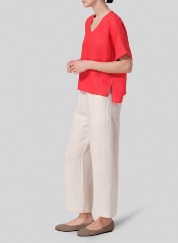 Jacquard Red Linen Sloped Shoulder Wide Boxy V-neck Top