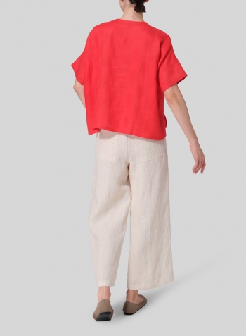 Jacquard Red Linen Sloped Shoulder Wide Boxy V-neck Top