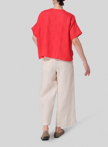 Jacquard Red Linen Sloped Shoulder Wide Boxy V-neck Top