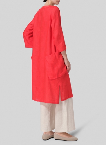 Linen A-shape Patch Pockets Tunic Dress Set