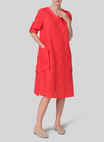 Red Linen A-shape Patch Pockets Tunic Dress