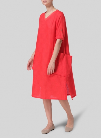Red Linen A-shape Patch Pockets Tunic Dress