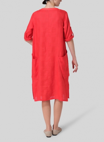 Red Linen A-shape Patch Pockets Tunic Dress
