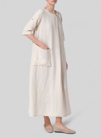 White Sand Linen Extra Long Center Pleated Dress