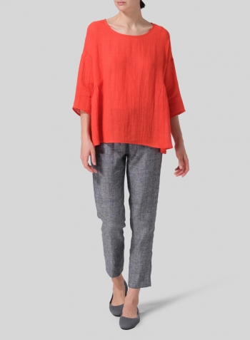 Orange Red Linen Boxy Asymmetrical Hem Top