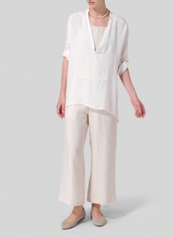 Soft White Linen Loose Delicate Deep V-neck Overtop Set