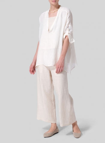 Soft White Linen Loose Delicate Deep V-neck Overtop Set