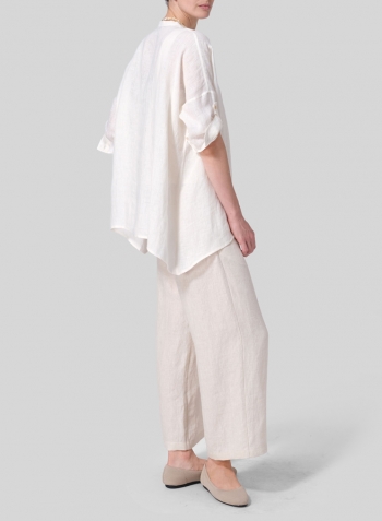 Soft White Linen Loose Delicate Deep V-neck Overtop Set