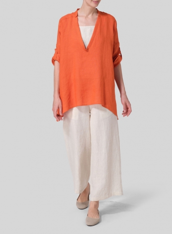 Orange Linen Loose Delicate Deep V-neck Overtop