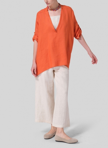 Orange Linen Loose Delicate Deep V-neck Overtop With Necklace