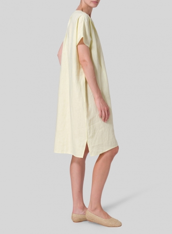 Mist Yellow Linen Straight Cut V-neck Pleated Tunic