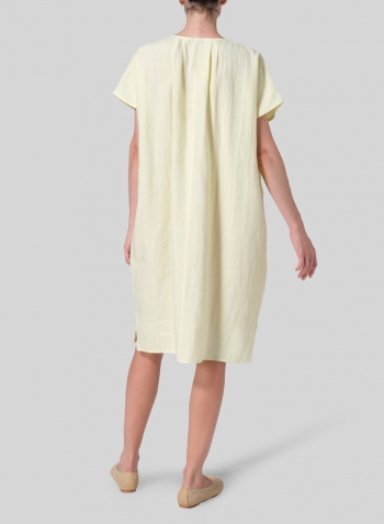 Mist Yellow Linen Straight Cut V-neck Pleated Tunic